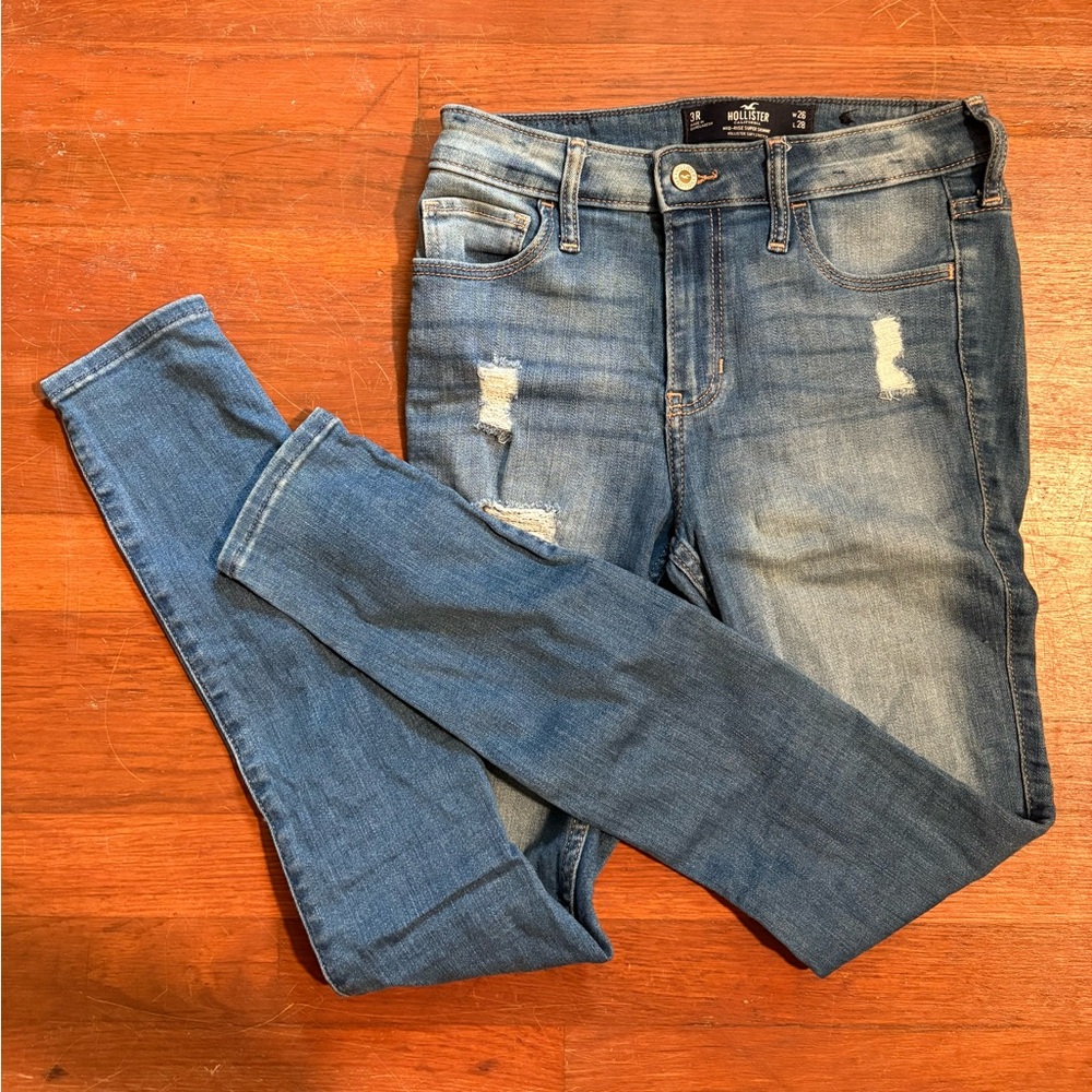 Hollister Blue Distressed Mid-Rise Skinny Jeans, Soft Stretch Size 3R, W26 L28